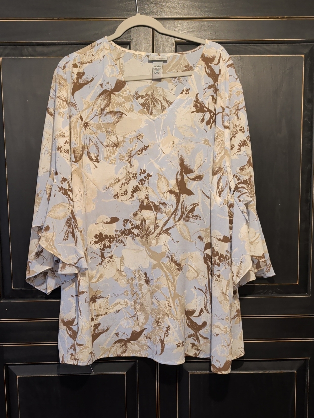 Catherines Blue & Brown Floral V-Neck Bell Sleeve Top